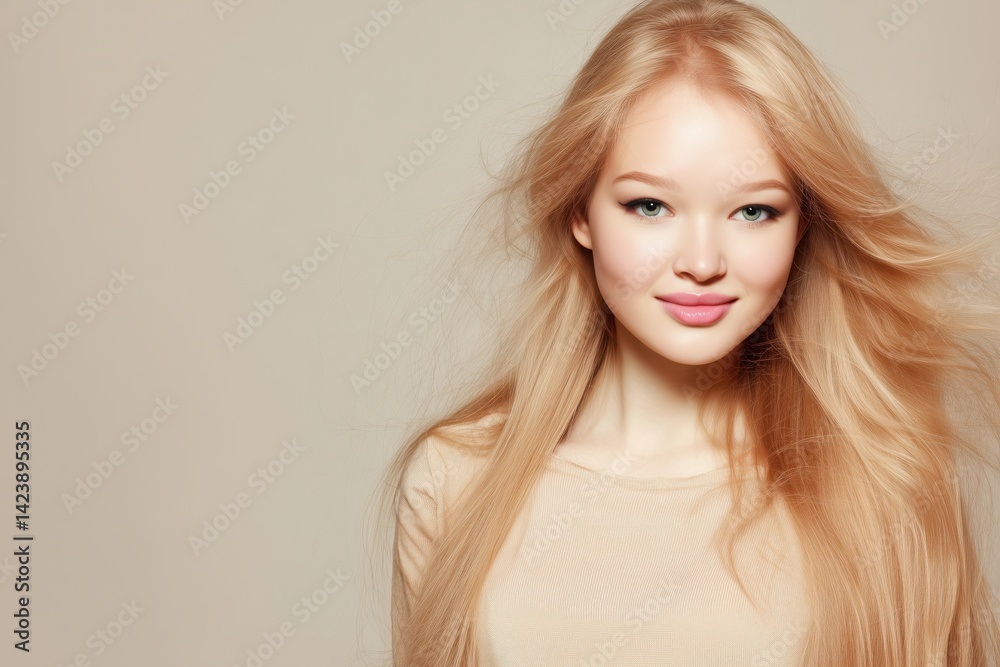 Fototapeta premium A high-resolution studio portrait of a young woman with long blonde hair and a gentle smile against a neutral background.