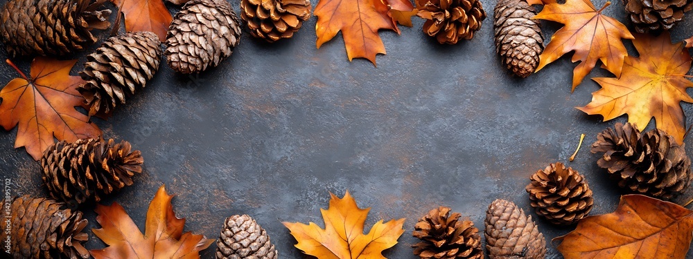 Fototapeta premium A rustic background with pine cones and leaves on the bottom, in warm orange and brown tones