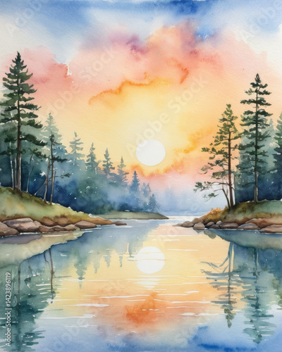 A serene watercolor landscape featuring a tranquil river, vibrant sunset, and lush evergreen trees reflecting on the water's surface.