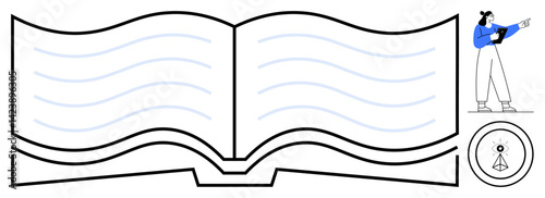 Open book with flowing lines, standing woman pointing while holding a notebook, circular communication icon in corner. Ideal for education, reading, study, communication, writing, publishing simple