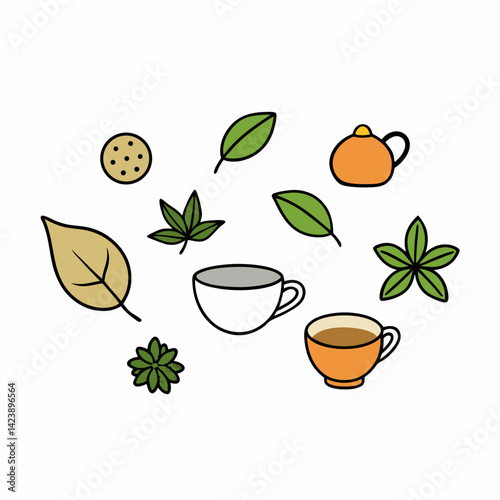tea set with leaves
