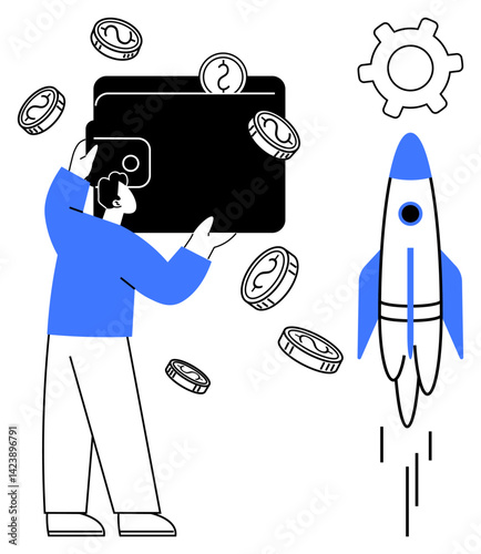 Man holding large wallet as coins fall around, with rocket and gear representing growth, technology, and success. Ideal for finance, startups, innovation, savings, investment entrepreneurship