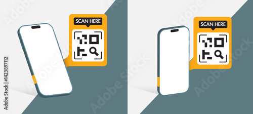 Modern QR Code Scan Label with Smartphone Mockup – Vector Template for Apps, Flyers, Posters, Banners and Presentations. Vector.
