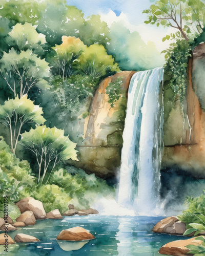 A serene watercolor landscape featuring a cascading waterfall surrounded by lush greenery and tranquil water reflections.