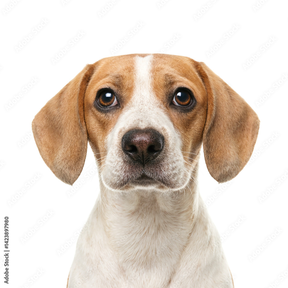 Isolated adorable beagle puppy headshot with wide eyes capturing a playful and energetic expression