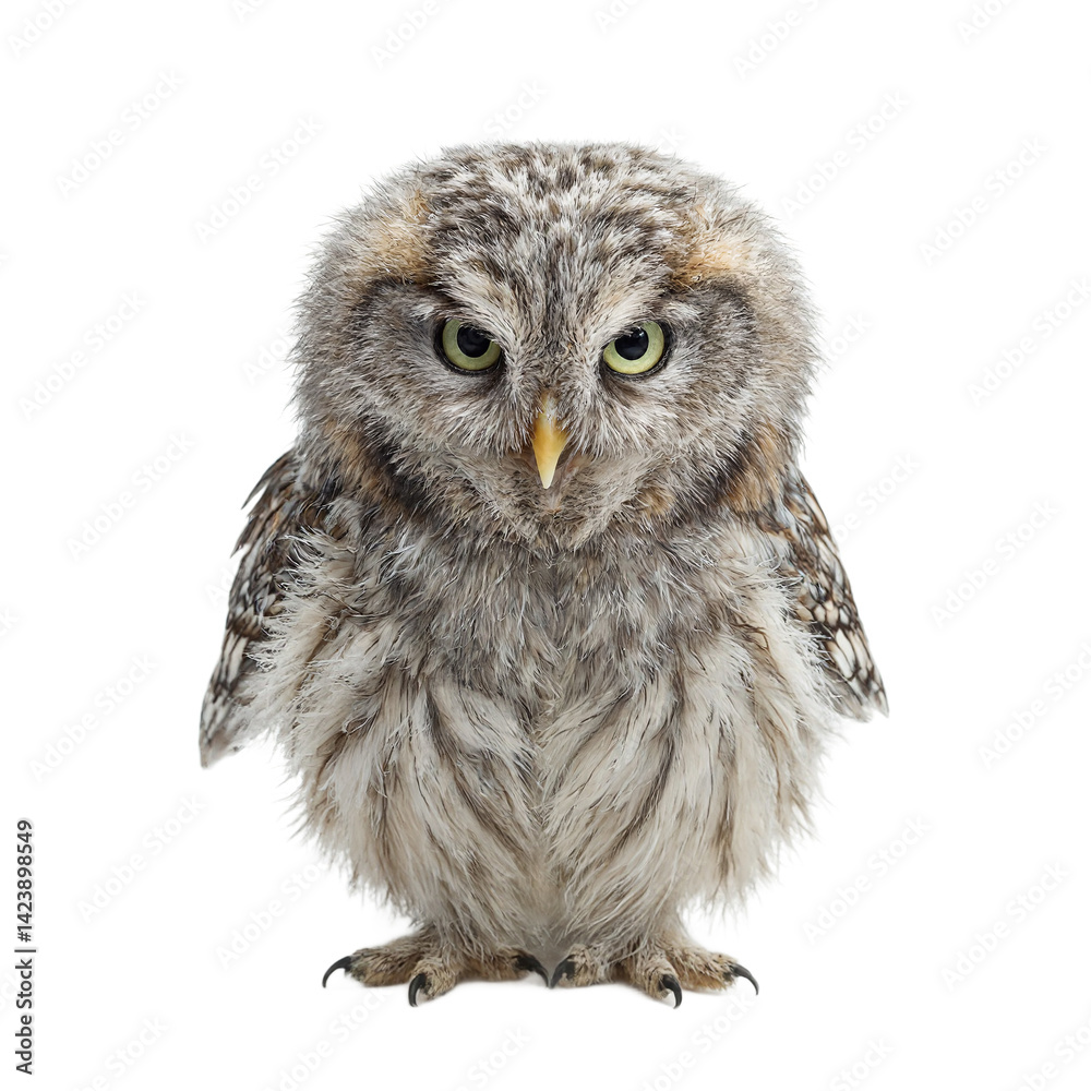 Fototapeta premium Isolated funny owl headshot with expressive eyes and puffed up feathers perfect for whimsical designs