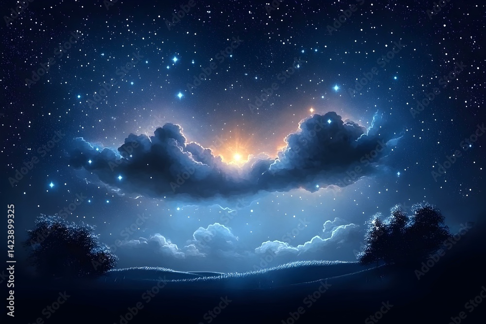 Fototapeta premium Luminous Night Sky with Glowing Nebula and Twinkling Stars in Cosmic Vastness