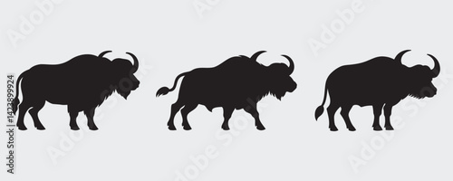 Silhouettes of three powerful buffalo with distinct horns and shaggy bodies, shown in varied poses on a light background