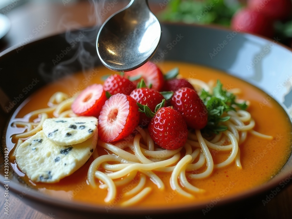 Bowl of spaghetti with strawberries and cheese. The bowl is full of red strawberries and the cheese is white
