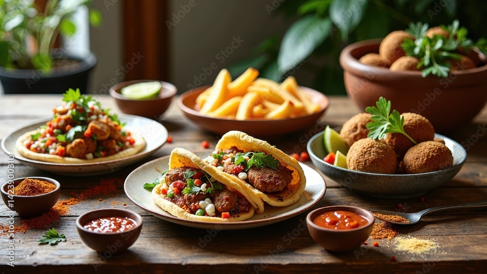 Table with a variety of Mexican food including tacos, fries, and other dishes. The table is set with plates, bowls, and spoons