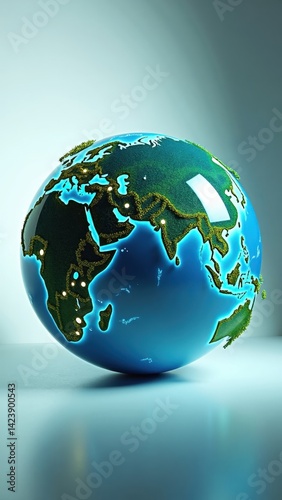 Globe with a blue and green surface. The globe is surrounded by a white background. The globe is illuminated with a blue light