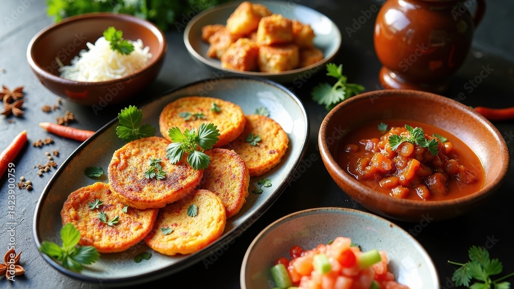 Table with a variety of food, including a bowl of soup, a plate of food, and a bowl of salad