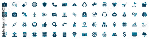 Vector icon set containing finance business, healthcare, green energy, technology, transportation themes