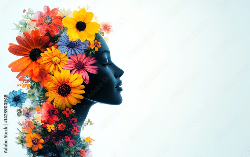 Silhouette of a woman adorned with vibrant flowers.