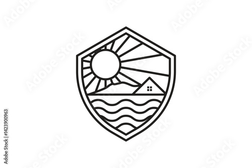 shield logo design with beach concept