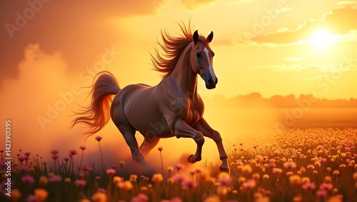 Galloping Horse Golden Sunset Field of Flowers