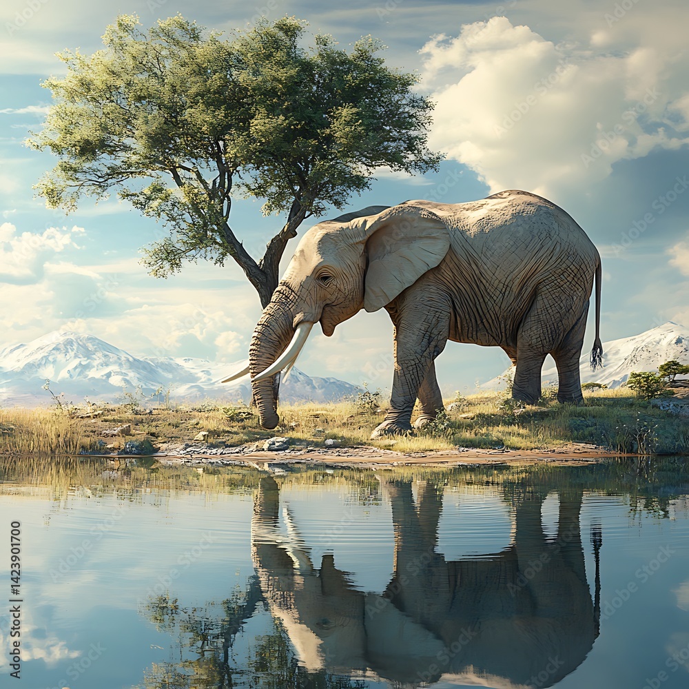 Fototapeta premium Serene Elephant by Water with Mountain View
