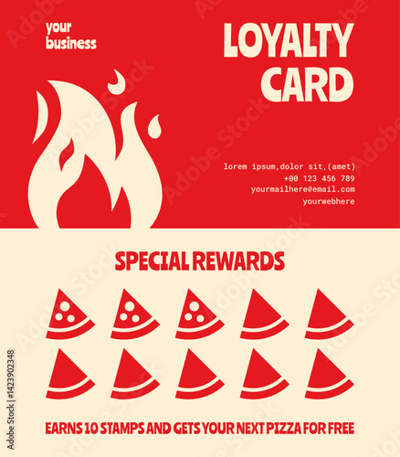 Pizza loyalty card with stamp rewards system in red and cream color scheme.