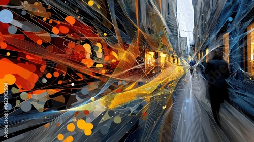 Abstract digital art installation with vibrant colors and dynamic lines in an urban setting