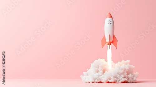 Pink Rocket Launching Through Clouds Against a Pastel Pink Background