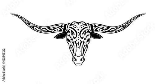 Stylized longhorn bull head graphic design black and white