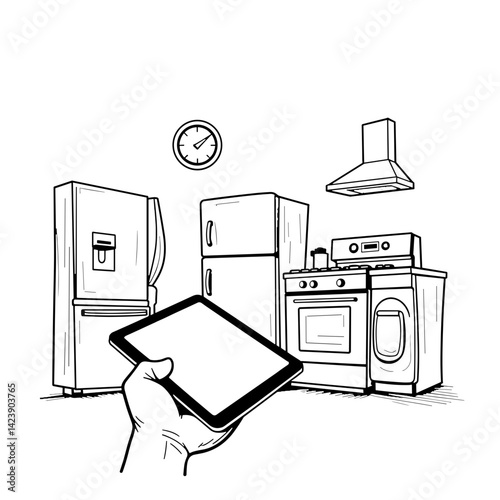 Hand using tablet to control smart appliances in modern kitchen, innovation
