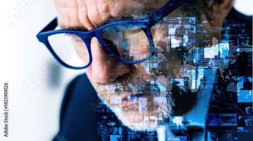 Double Exposure of Business Leader Deep in Thought Reflecting on Personal Growth and Leadership Challenges in Modern Environment