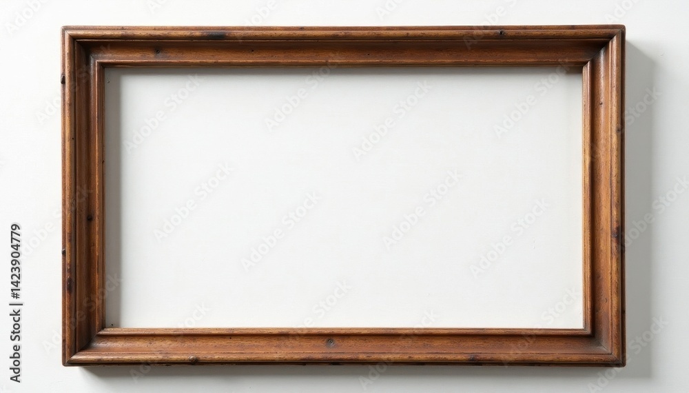 Fototapeta premium Aged wooden picture frame, horizontal orientation, missing canvas Clean white backdrop , mockup, background, gray