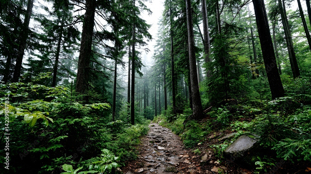 Obraz premium Lush, misty forest path winds through towering trees.