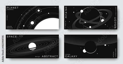 Set of abstract space horizontal backgrounds. Line art galaxy, universe, planet, solar system. Science future concept. Astronomy minimal design for cover, poster, layout, banner, flyer, brochure