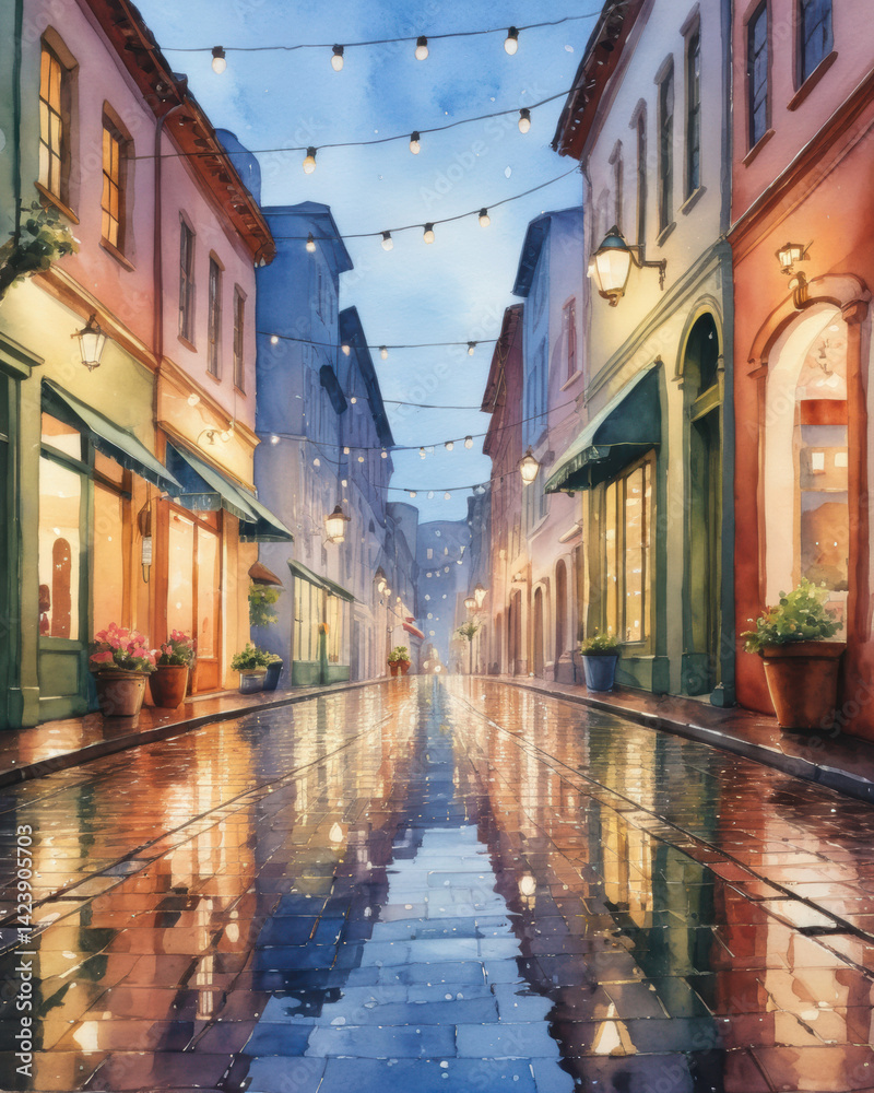 Fototapeta premium A charming street scene after rain, featuring colorful buildings, warm lights, and reflections on wet cobblestones.
