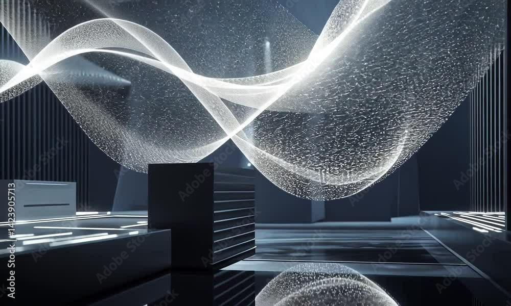 Abstract digital display with flowing light particles.