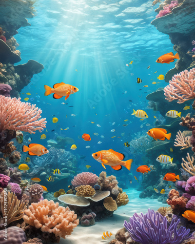 Vibrant underwater scene with colorful coral reefs and diverse fish swimming in crystal clear ocean waters.