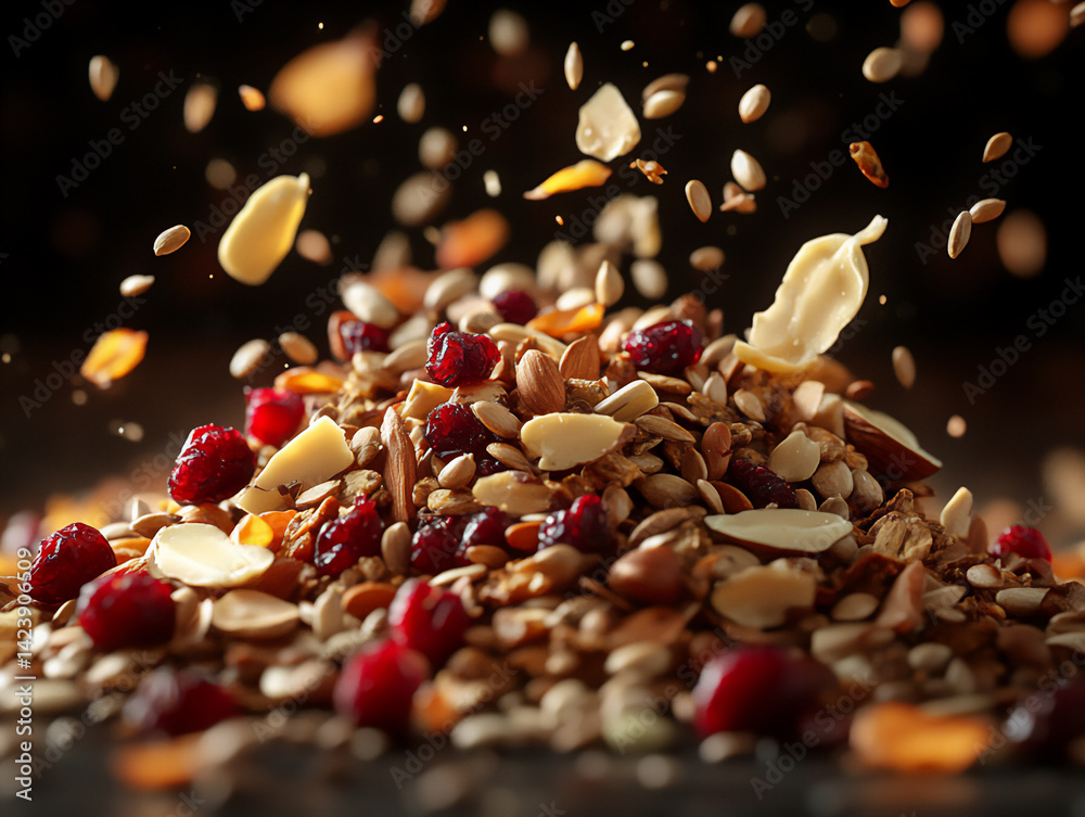 deconstructed autumn trail mix with floating ingredients,