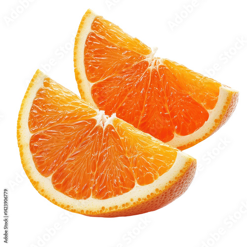 Two juicy orange slices. Close-up view of the segments, showcasing the vibrant orange flesh and the pale yellow pith