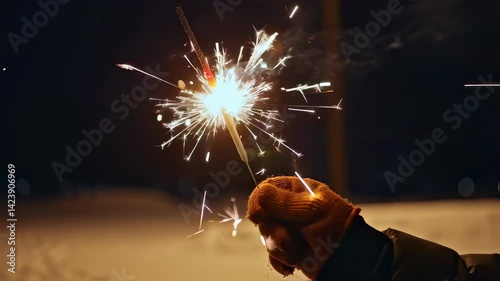 Gloved hand gripping burning sparkler, illuminating snow covered landscape during winter night, creating magical festive atmosphere with glowing sparks and soft bokeh background