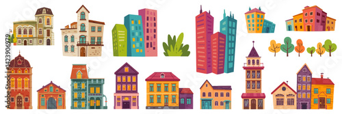 Modern city street buildings icon set featuring retro shops, apartments, and store windows in side view for vintage cityscape design

