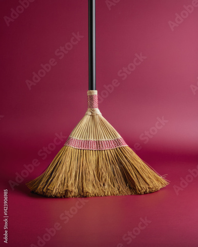 A rustic broom with a woven handle against a vibrant pink background, ideal for home decor and cleaning themes.