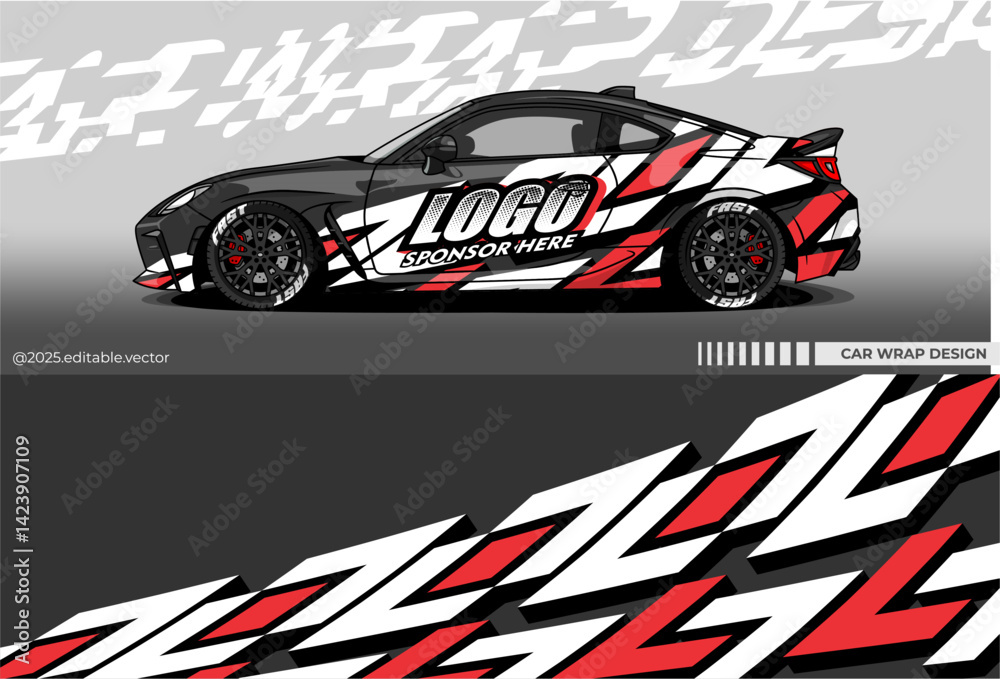 Obraz premium Car Wrap Design Vector with black, red and white colour. Livery decal for racing, rally, drift, or daily use. Template sticker vinyl editable vector