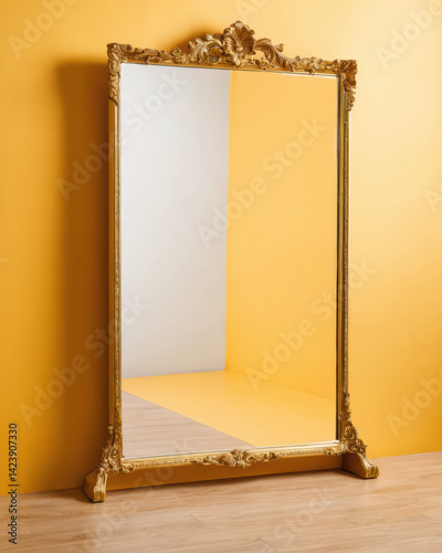 Elegant full-length mirror with ornate golden frame, reflecting a vibrant yellow wall, adding charm to any interior decor.