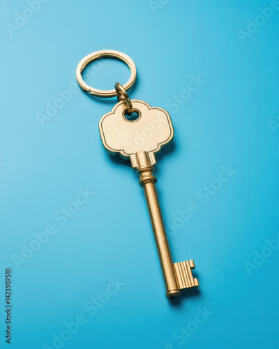 A vintage golden key on a metal ring against a bright blue background, perfect for concepts of security and access.