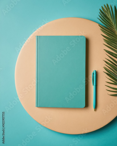 Stylish turquoise notebook with pen atop a smooth surface, surrounded by greenery, perfect for creative ideas and planning.