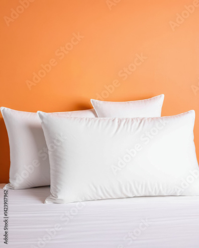 Three plush white pillows arranged neatly against an orange wall, conveying comfort and serenity in an inviting setting.