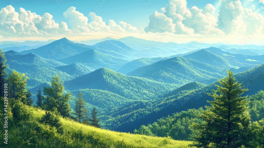 Fototapeta premium Blue Ridge Parkway Poster Illustration Travel Print Decor Gift Paper Canvas Wall Retro Art