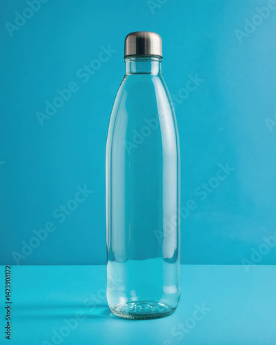 Clear glass water bottle with metallic lid on a blue background, perfect for eco-friendly lifestyle and hydration concepts.