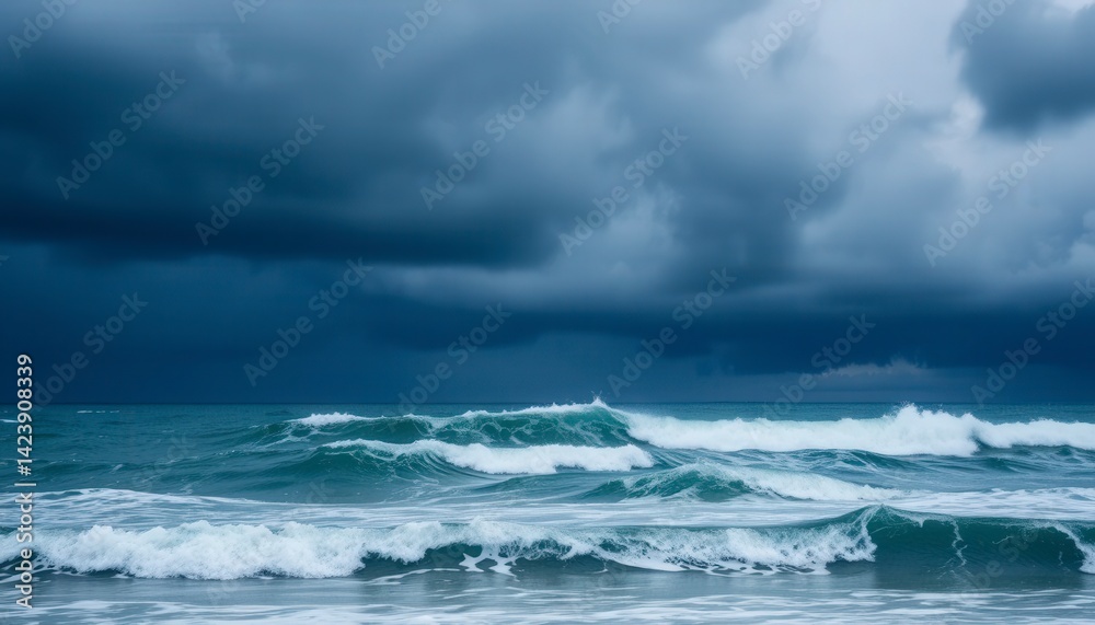Fototapeta premium Dramatic Ocean Waves Under Dark Storm Clouds at Dusk