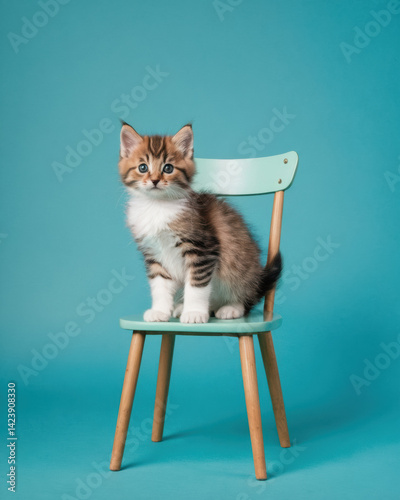 Adorable kitten sitting on a mint green chair, creating a charming and playful atmosphere against a bright blue backdrop.