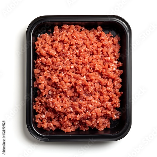 realistic raw minced meat in a black plastic tray with visible texture isolated on a clean white background perfect for butchery, meat preparation, and food photography 