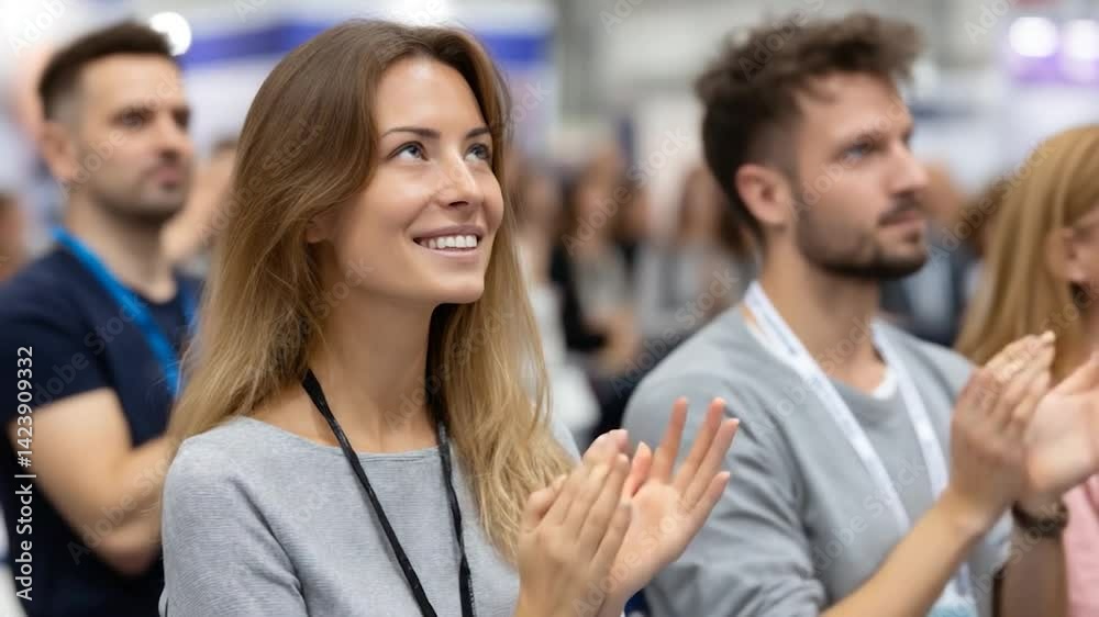 Attendees applaud with interest at an event, happy, smiling faces