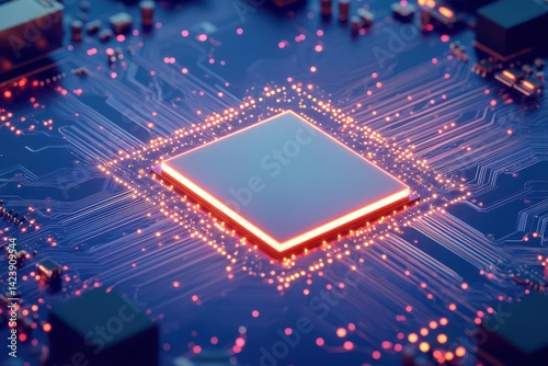 Vibrant Circuit Board Illuminated by Striking Blue and Red Lights Showcasing Technological Innovation and Modern Electronic Design Elements